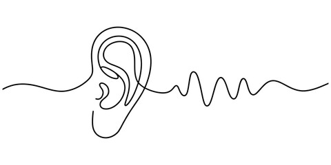 Obraz premium Human ear and sound wave in a continuous single line drawing