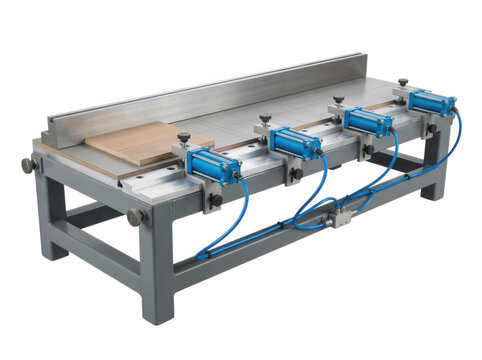 Pneumatic clamping table with multiple cylinders isolated on transparent background for woodworking and assembly manufacturing