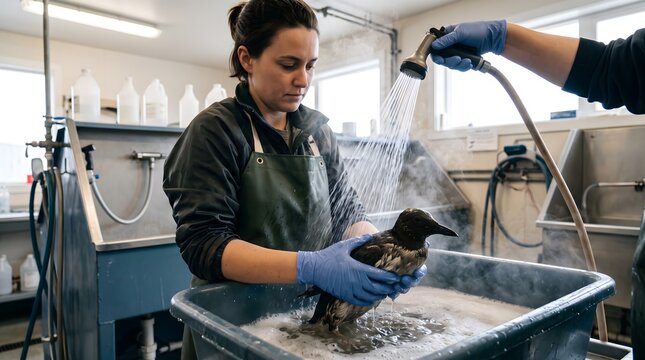 Wildlife rehabilitation technician washing an oiled seabird in a basin during an oil spill response.