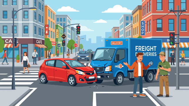 Car Accident at City Intersection: Truck vs. Red Car, Drivers Conferring