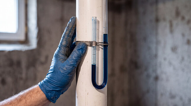 Technician checking radon mitigation system with a U-tube manometer in a basement.