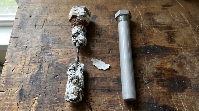 Corroded magnesium water heater anode rod lying beside a new replacement on a wooden workbench.