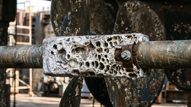 Sacrificial zinc anode heavily corroded on a propeller shaft in dry dock