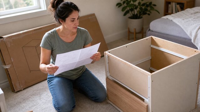 Woman reading assembly instructions while building a wooden chest of drawers on a bedroom floor.