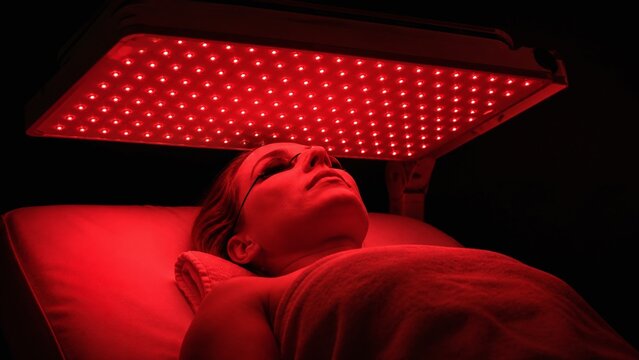 Woman undergoing red LED light therapy facial treatment for skin rejuvenation in a clinical spa.