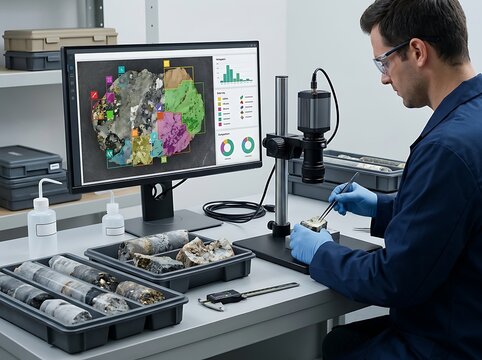 Geologist analyzing rock samples using digital microscope and software in modern lab with copy space