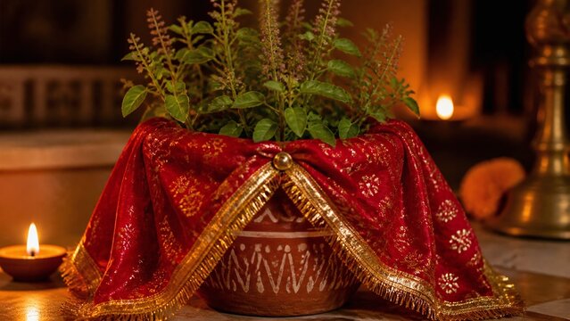 Holy basil plant in a decorated terracotta pot draped with a red and gold chunri for a Tulsi Vivah ceremony.