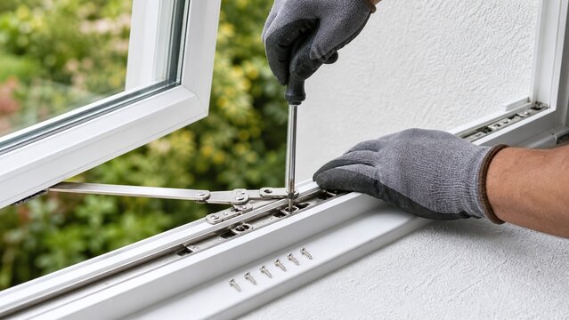 Glazier repairing a friction stay hinge on a white uPVC casement window with a screwdriver.