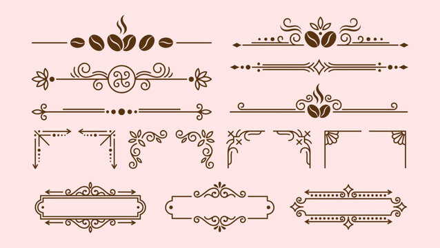 Coffee theme brown ornaments dividers and corner borders design pack for cafe branding.