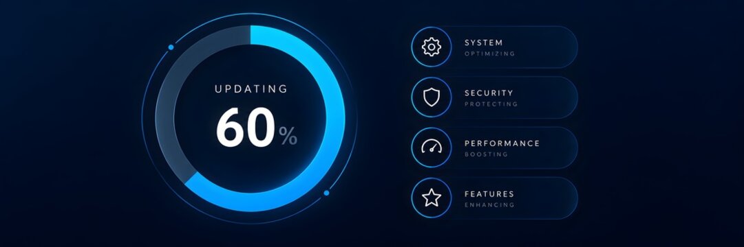 System Update Dashboard Interface with Circular Progress Bar and Optimization Metrics