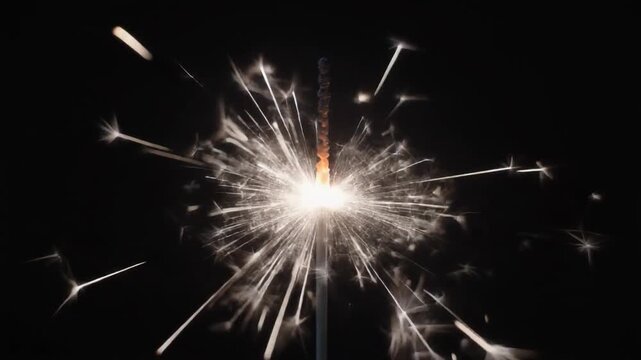Close up of a burning sparkler emitting bright sparks against a dark background
