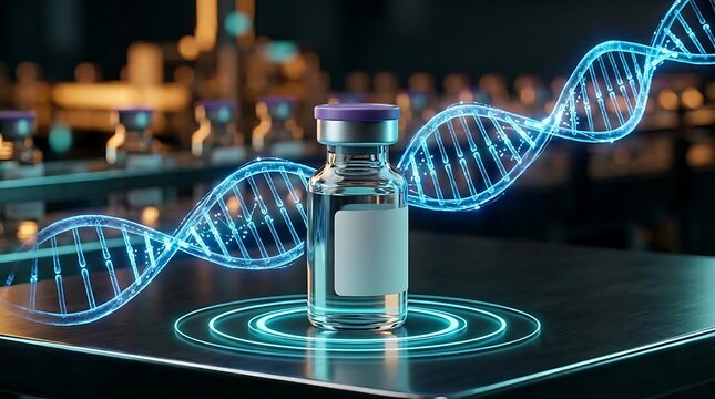 Medical vaccine vial standing on glowing digital surface with floating blue dna helix strand in high tech laboratory setting symbolizing breakthrough genetic research and pharmaceutical development
