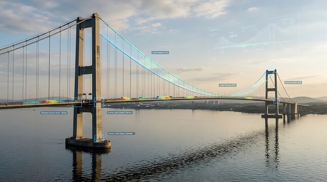 Suspension bridge with digital structural health monitoring data overlays during sunset
