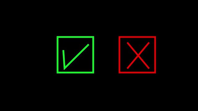 Animated green rad check mark and red cross symbols rad neon tube light check mark tick in the box lighting icon symbol green rad stroke texture 4k video. 