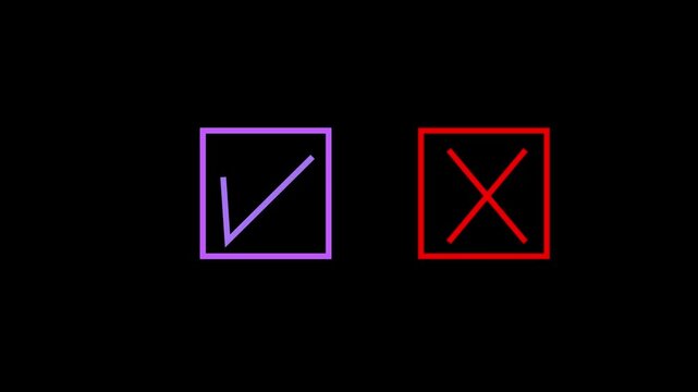 Animated lavender check mark and red cross symbols rad neon tube light check mark tick in the box lighting icon symbol green rad stroke texture 4k video. 