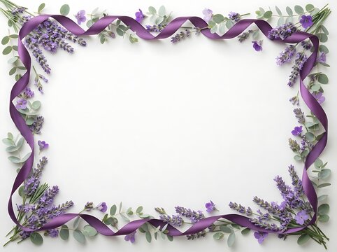 A purple satin ribbon and lavender floral arrangement creates a delicate rectangular frame on a white surface violet eucalyptus botanical