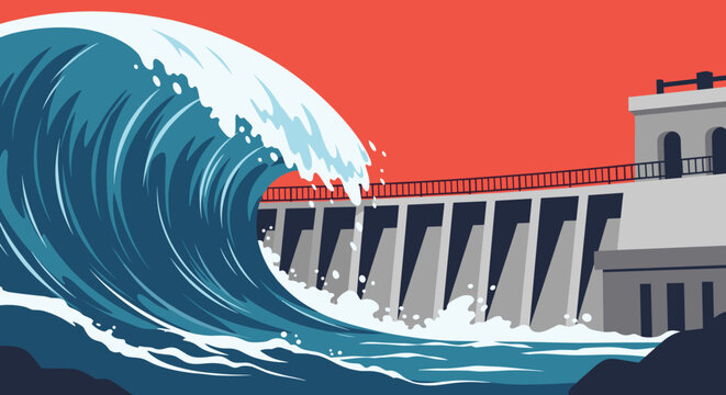 Huge ocean wave crashing over a concrete dam structure against a dramatic solid red background.