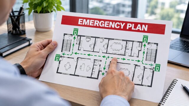 Employee reviewing workplace emergency evacuation plan and exit routes, representing safety training, disaster preparedness and emergency response procedures.