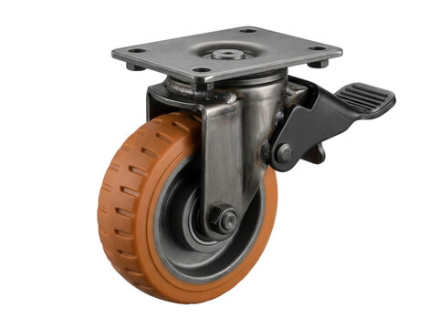 Industrial swivel caster wheel with polyurethane tread and locking brake isolated on transparent background