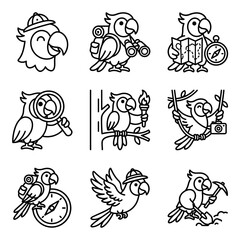 Obraz premium Cute Parrot Explorer Cartoon Icons Set