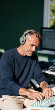 Man in home studio playing midi controller and keyboard for music production background and banner design