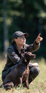 Woman hunter squatting and pointing with attentive hunting dog in meadow forest for outdoor training poster background and hunting skills design