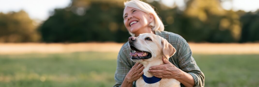 Senior woman holding a yellow labrador dog in a warm sunlit field for background and banner use for pet care companionship and lifestyle design
