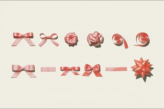 Bows and ribbons in pastel pink and apricot tones, arranged in neat rows on a creamy yellow background for party and gift decoration