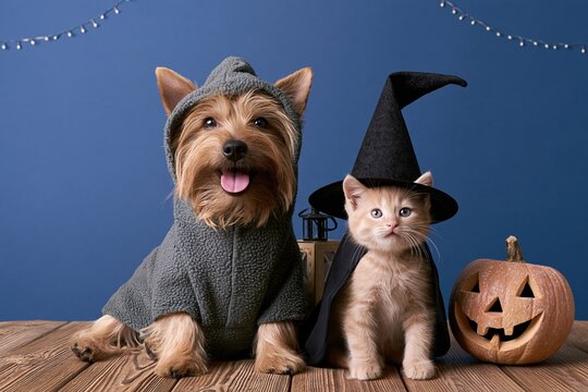 Dog in a fleece costume and a kitten wearing a witch hat, cute pets posing with a carved pumpkin for halloween and festive retail