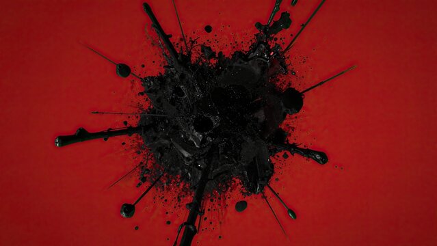 Black ink splatter explosion against vibrant red backdrop with glossy texture and dynamic radial streaks