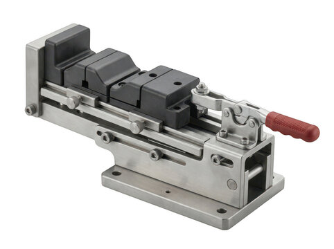 Adjustable metal jig fixture isolated on transparent background for precision manufacturing and repetitive industrial machining tasks