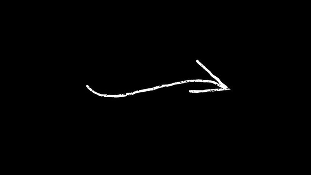 Wavy hand drawn white arrow animation sketching forward on a black backdrop for creative direction pointers, presentation whiteboard marker, educational tutorial graphic and visual emphasis.