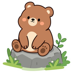 Adorable brown bear cub sitting on a grey stone surrounded by green plants, cute wild animal flat vector illustration. © Muji