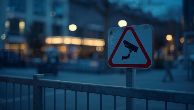 Generative AI depicts a surveillance camera warning sign in an urban setting