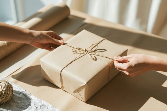 Gift wrapping with kraft paper and twine, hands tying a knot on a brown parcel for homemade presents and retail packaging