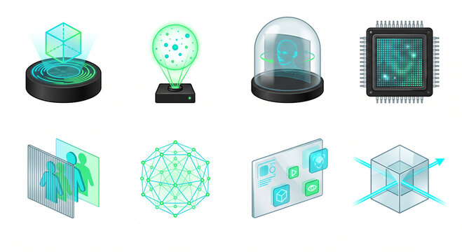 Isolated JPG illustration of a quantum computing and holographic technology icon pack, featuring optical lattices, 3D projectors, and quantum processors.