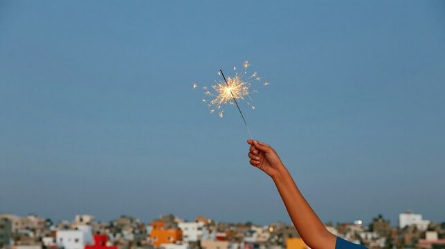 Glowing sparkler held aloft by a hand against a twilight city skyline, showing a shimmering moment for Diwali and Deepavali celebrations