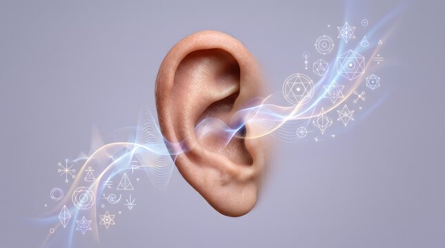 Hyper-Realistic Human Ear with Translucent Sound Waves Representing Clairaudience and Heightened Perception