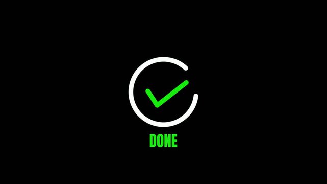 Green checkmark icon with text done animating inside circle on black background for task complete