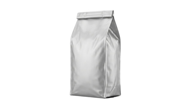 Silver foil coffee bag mockup, metallic food packaging pouch on white background, blank aluminum gusseted bag for tea or dry goods