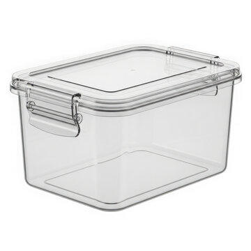 Clear plastic storage container box with a secure locking lid isolated on transparent background
