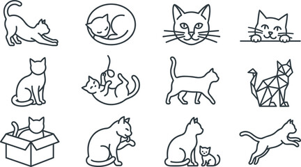 Fototapeta premium Domestic Cat Line Vector Icon Set with Stretching Sleeping Playing Geometric Face Box and Walking Kitten Symbols for Veterinary Clinics and Pet Care Branding