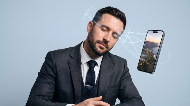 Professional Man Experiencing Remote Viewing Through Smartphone with Extrasensory Perception