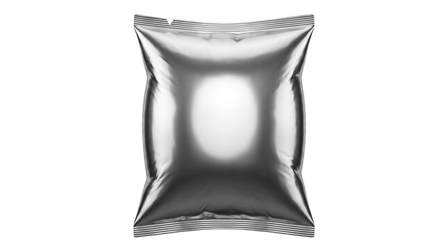 Silver foil snack bag mockup, metallic food packaging pouch on white background, blank aluminum chips bag for branding and product design