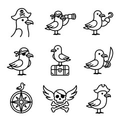Fototapeta premium Cute Pirate Seagulls Collection: Icons and Illustrations