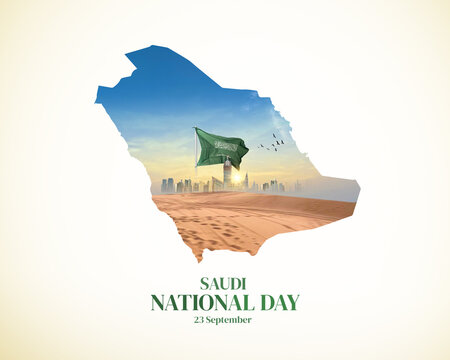 Saudi Arabia National Day concept background. Saudi Arabia map with national flag.