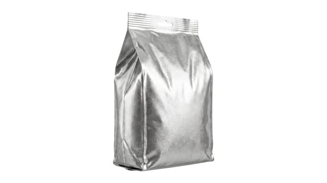 Silver foil stand up pouch mockup, metallic vacuum sealed bag for coffee or food packaging, blank aluminum gusseted sachet on white background