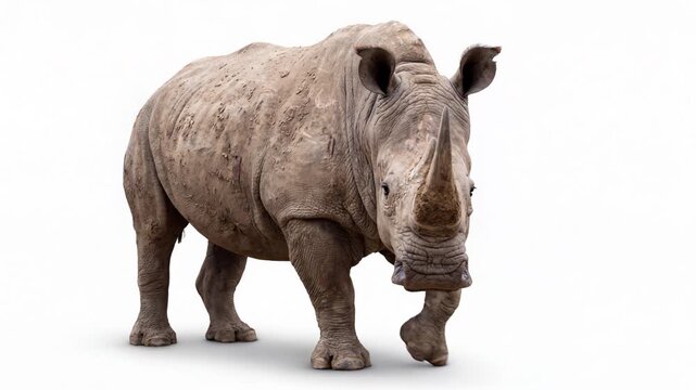 Rhinoceros with prominent horn in detail, showcasing its strong and majestic presence against a white backdrop. Isolated on white background. Video made using Generative AI.