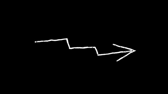 Hand drawn zigzag jagged line arrow sketching across a black screen for dynamic direction pointer, volatile trend indicator, creative whiteboard tutorial graphic and attention emphasis clip.