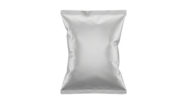 Blank silver snack bag mockup, metallic foil food pouch on white background, matte aluminum packaging for chips or snacks, industrial food container